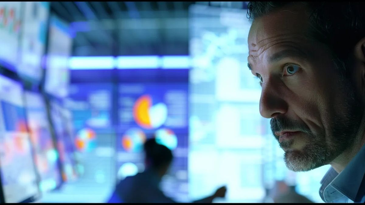 A man in a suit focused on a computer screen displaying opportunity management software.